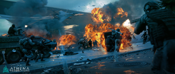 An illustration of a battlefield scene with soldiers, tanks, and explosions