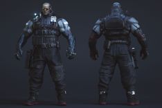 A formidable, hulking man clad in cyberpunk armor glares intently. His imposing figure and intense gaze convey a sense of raw strength and unyielding resolve. He has Kevlar armor covering his body, and covering his eyes are science fiction goggles.