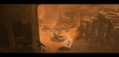 A convoy of soldiers traverses the orange-tinted desert surrounding a devastated city. The once-thriving metropolis lies in ruins, scarred by bombing and neglect.