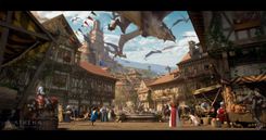 People are in the market square, looking upwards at the passing flock of dragons that pass by the medieval city. In the distance, are the towering spires of the castle.