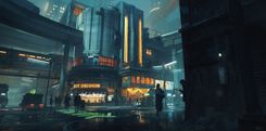 A sci-fi city in the evening. It is misty and overcast, but people are walking in the street and gathering outside of the chicken restaurant that is still serving food.