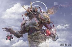 An alien deity strides across the landscape, its colossal form silhouetted against the sky. It possesses three faces, each gazing in different directions, while its central face looks directly down at you. Stag-like horns curl upwards from above its amber