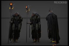 A sci-fi robot design features a cloak that shrouds its numerous amber eyes, creating an enigmatic appearance. It wields a staff adorned with glowing yellow and orange segments, casting an ethereal light that enhances its mysterious aura.