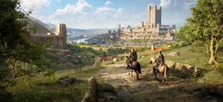 Two medieval knights are riding in the sunlight back towards the castle, the countryside stretching out below to show farms with crops and animals.