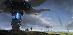 In a bright, sunlit field dotted with futuristic solar panels, an adventurer stands amidst the vibrant landscape, gazing thoughtfully into the distance.