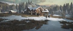 In the early morning, a man steps out of his cabin into the snowy, winter landscape, only to find himself being chased by a bear through the frosty wilderness.